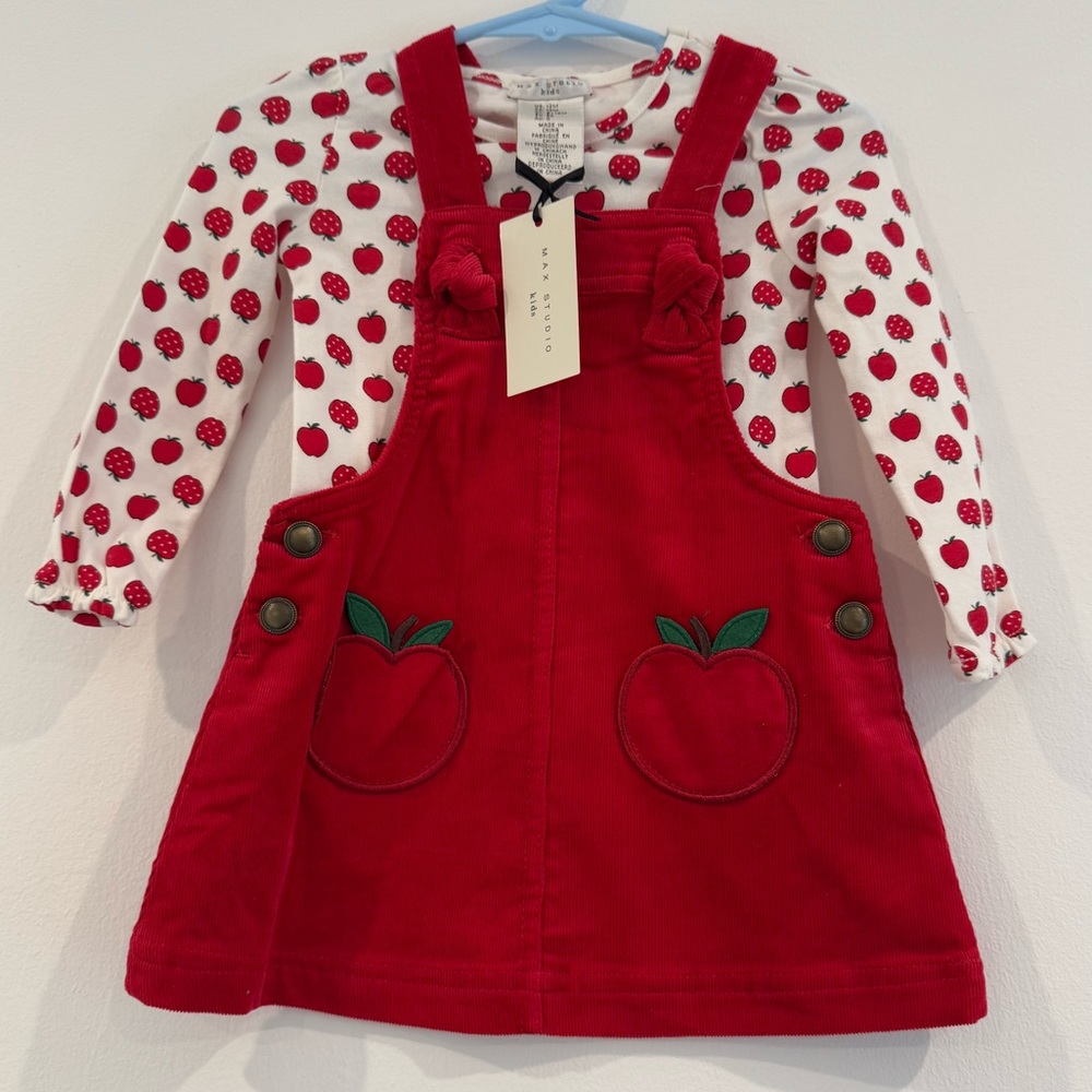 NEW NWT Max Studio Girls Red Corduroy Apple Print Jumper Dress & Shirt Size 12M